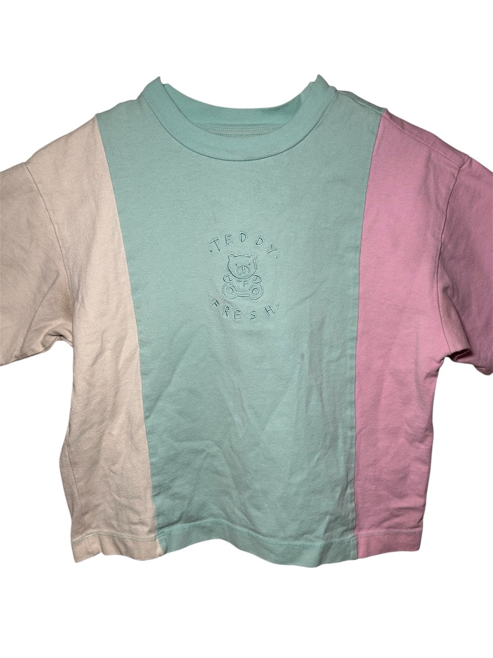 Teddy Fresh Kids Pastel Colorblock Tee in Mint, Pink & Cream XS Short Sleeve